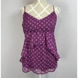 VTG Y2K Smocked Purple Polka Dot‎ Sheer Babydoll Cami Top Ruffle Large